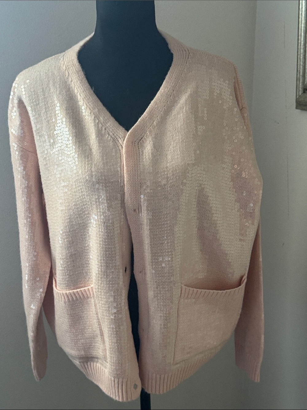 J. NNA Women's Peach Sequin‎ Cardigan knit Sweater Sz S